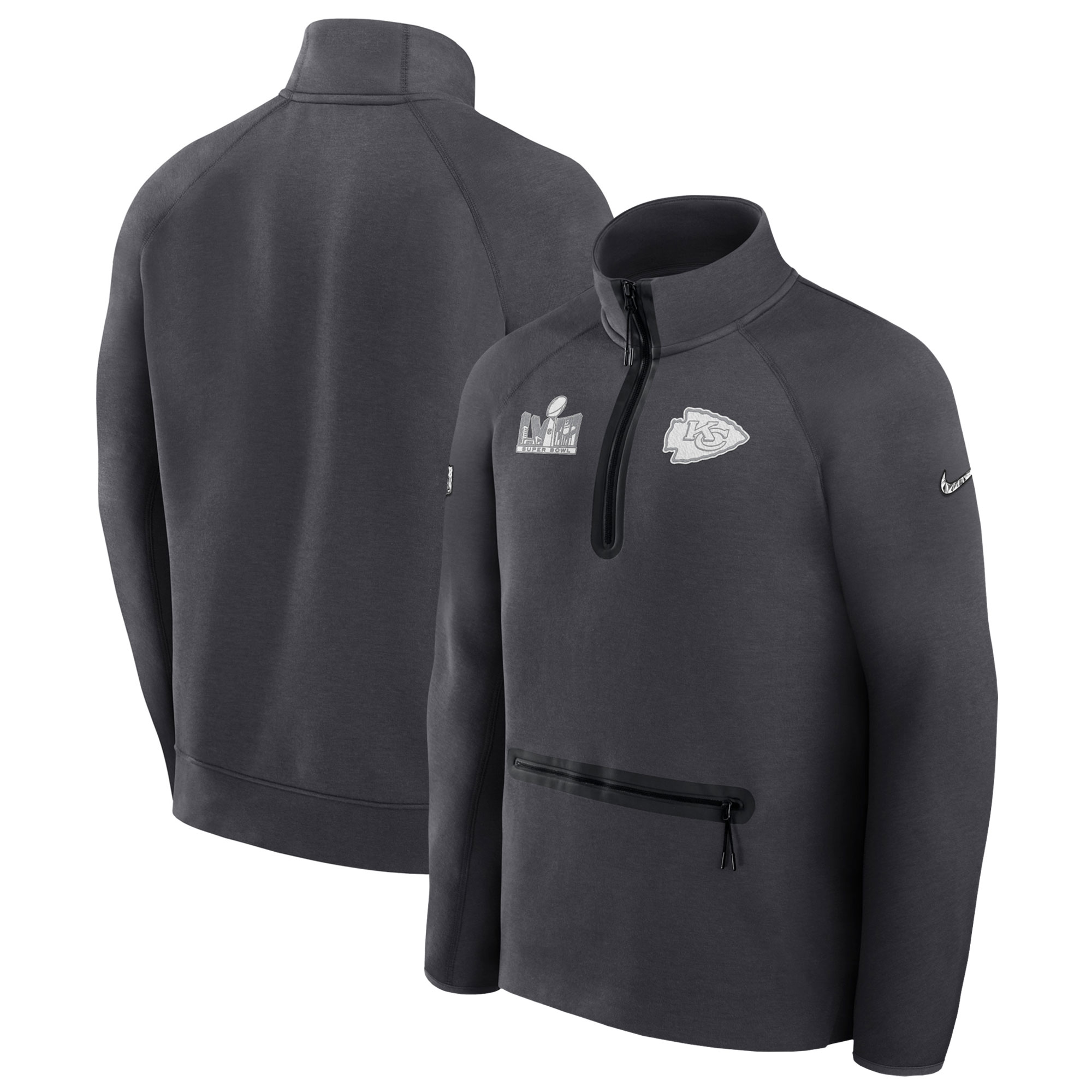 Anthrazitfarbenes Nike Tech Fleece-Pulloveroberteil mit halbem Reißverschluss für Kansas City Chiefs beim Super Bowl LVIII Opening Night für Herren