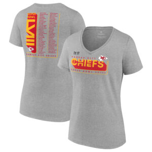 Damen Fanatics Heather Gray Kansas City Chiefs Super Bowl LVIII Roster T-Shirt mit V-Ausschnitt