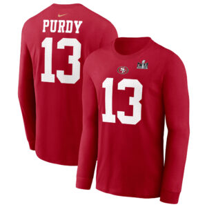 Nike Brock Purdy Scarlet San Francisco 49ers Super Bowl LVIII Patch Spielername und -nummer Langarm-T-Shirt für Herren