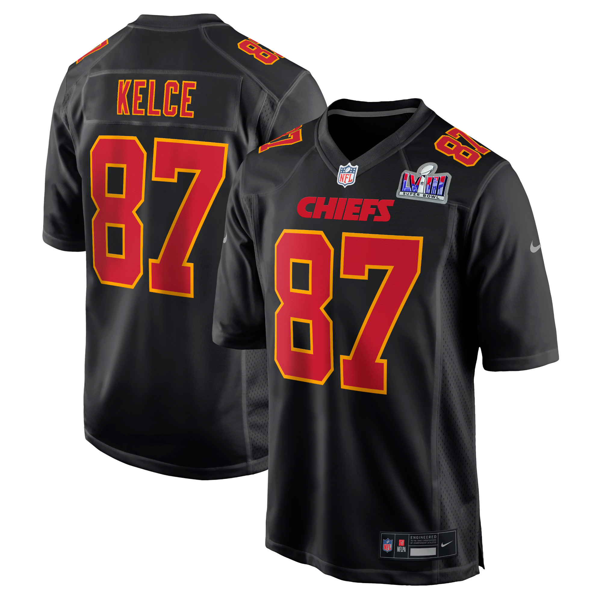 Herren Nike Travis Kelce Schwarzes Kansas City Chiefs Super Bowl LVIII Carbon Fashion Game Spielertrikot