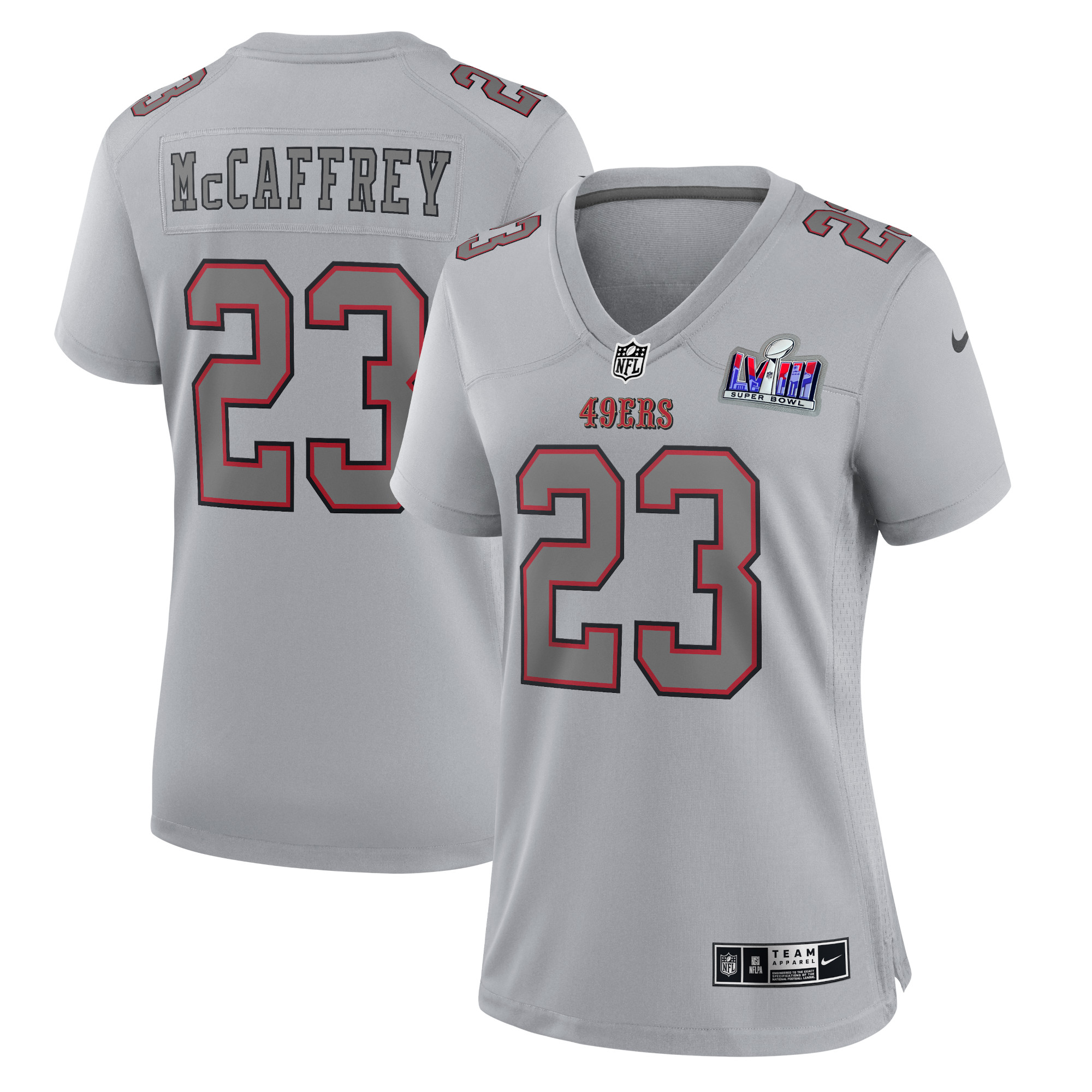 Damen Nike Christian McCaffrey Grau San Francisco 49ers Super Bowl LVIII Atmosphäre Fashion Game Trikot