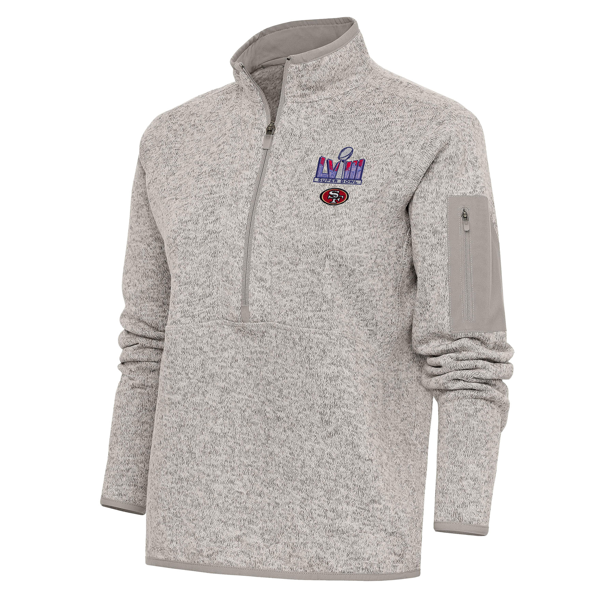 San Francisco 49ers Super Bowl LVIII Fortune Pulloverjacke mit halbem Reißverschluss in Antigua Oatmeal für Damen