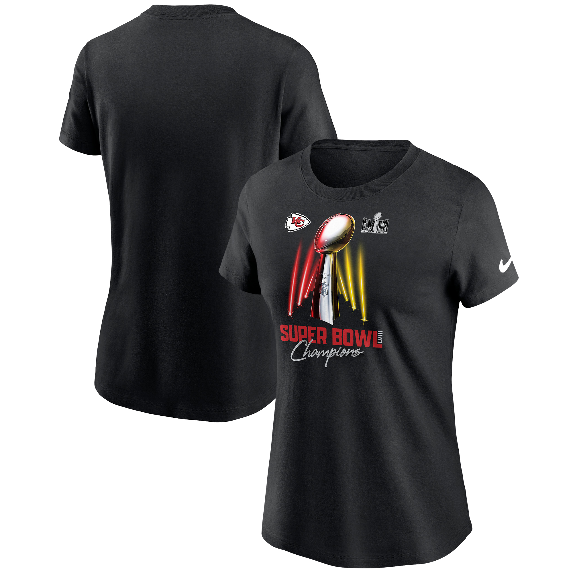 Schwarzes Nike T-Shirt für Damen mit Lombardi-Trophäe der Kansas City Chiefs für den Super Bowl LVIII