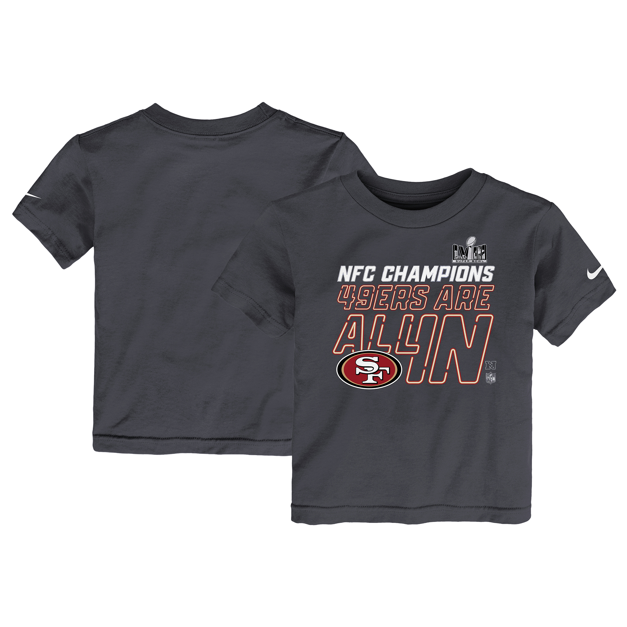 Anthrazitfarbenes Nike San Francisco 49ers 2023 NFC Champions Locker Room Trophy Collection T-Shirt für Kleinkinder