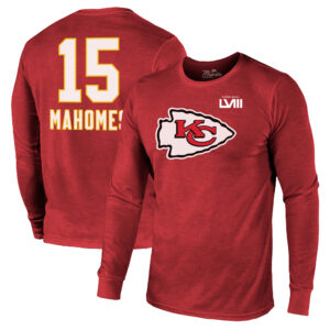 Majestic Threads Patrick Mahomes Rotes Kansas City Chiefs Super Bowl LVIII Tri-Blend Langarm-T-Shirt für Herren