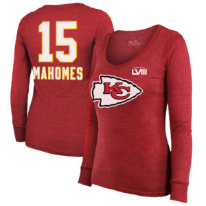 Majestic Threads Patrick Mahomes Rotes Kansas City Chiefs Super Bowl LVIII Scoop Name & Nummer Tri-Blend Langarm-T-Shirt für Damen