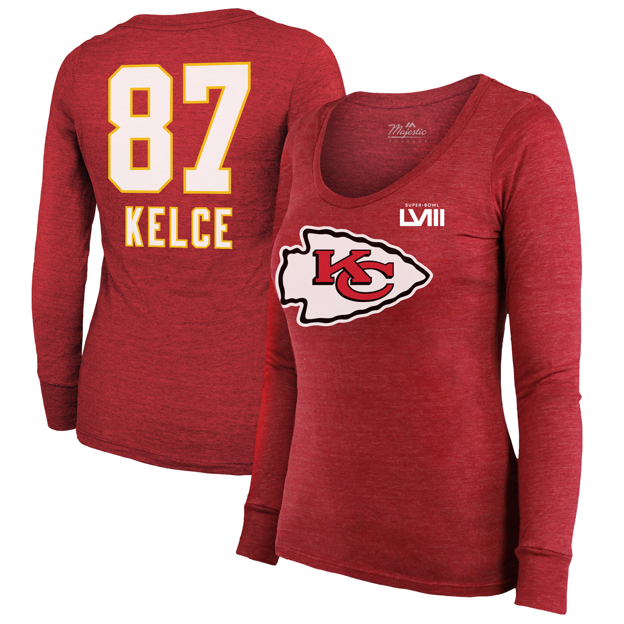 Majestic Threads Travis Kelce Rotes Kansas City Chiefs Super Bowl LVIII Scoop Name & Nummer Tri-Blend Langarm-T-Shirt für Damen