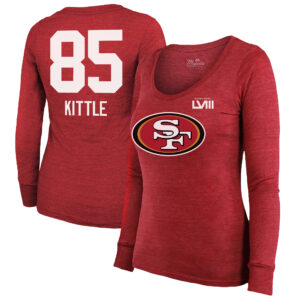 Majestic Threads George Kittle Scarlet San Francisco 49ers Super Bowl LVIII Scoop Name & Nummer Tri-Blend Langarm-T-Shirt für Damen