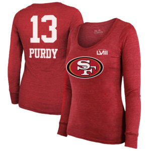 Majestic Threads Brock Purdy Scarlet San Francisco 49ers Super Bowl LVIII Scoop Name & Nummer Tri-Blend Langarm-T-Shirt für Damen