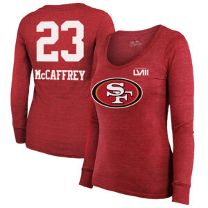 Majestic Threads Christian McCaffrey Scarlet San Francisco 49ers Super Bowl LVIII Scoop Name & Nummer Tri-Blend Langarm-T-Shirt für Damen