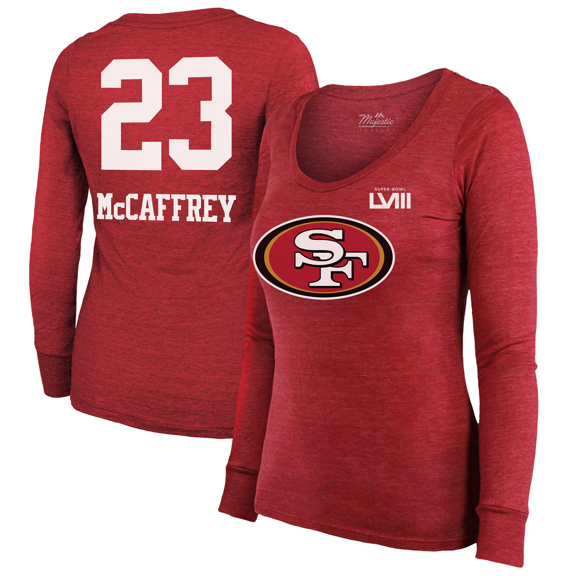 Majestic Threads Christian McCaffrey Scarlet San Francisco 49ers Super Bowl LVIII Scoop Name & Nummer Tri-Blend Langarm-T-Shirt für Damen