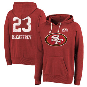 Majestic Threads Christian McCaffrey Scarlet San Francisco 49ers Super Bowl LVIII Tri-Blend Pullover Hoodie für Herren