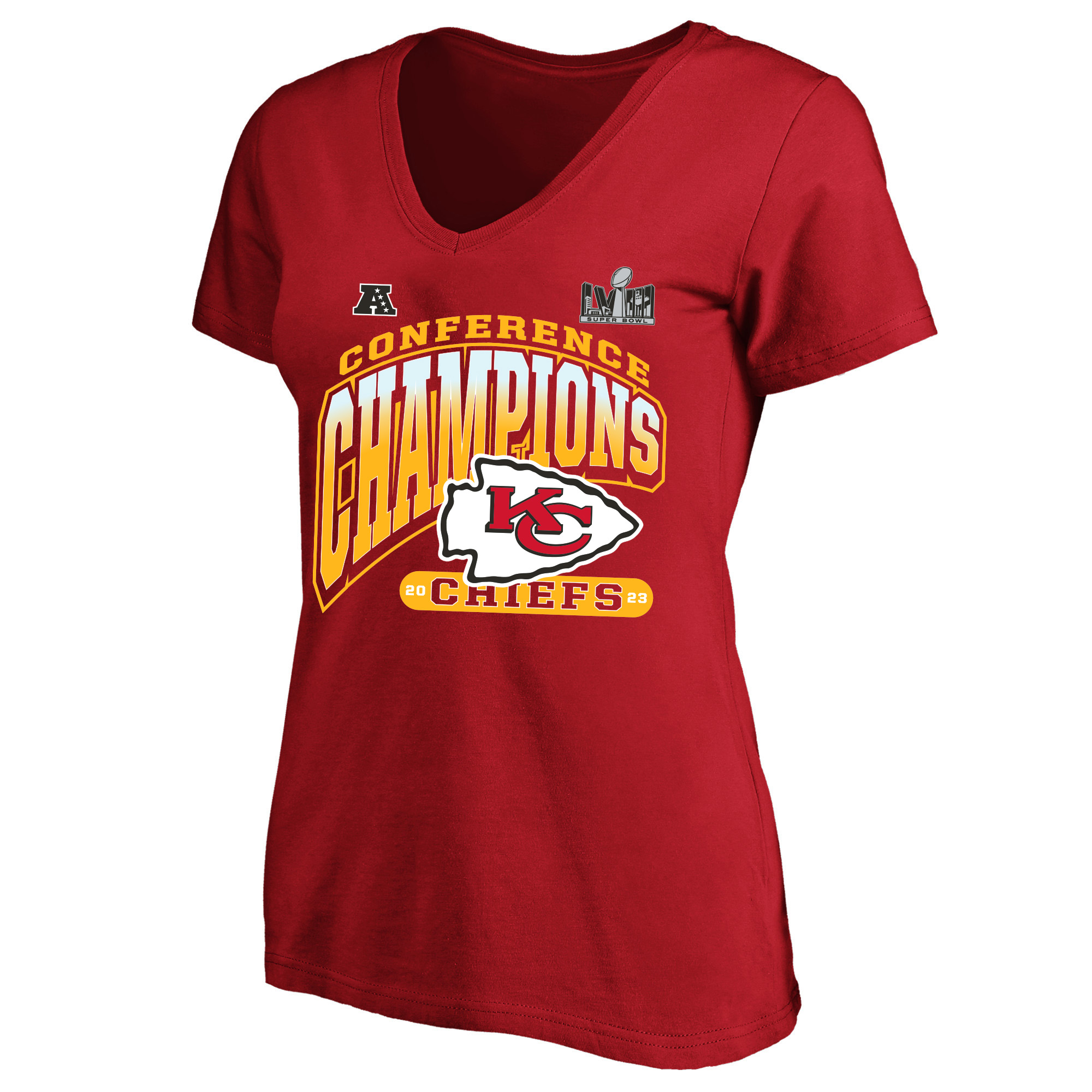 Rotes Kansas City Chiefs 2023 AFC Champions Hail Mary Fanatics-T-Shirt mit V-Ausschnitt für Damen in Übergröße