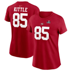 Nike George Kittle Scarlet San Francisco 49ers Super Bowl LVIII Patch Spielername und -nummer T-Shirt für Damen