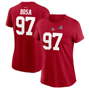 Damen Nike Nick Bosa Scarlet San Francisco 49ers Super Bowl LVIII Patch Spielername und -nummer T-Shirt