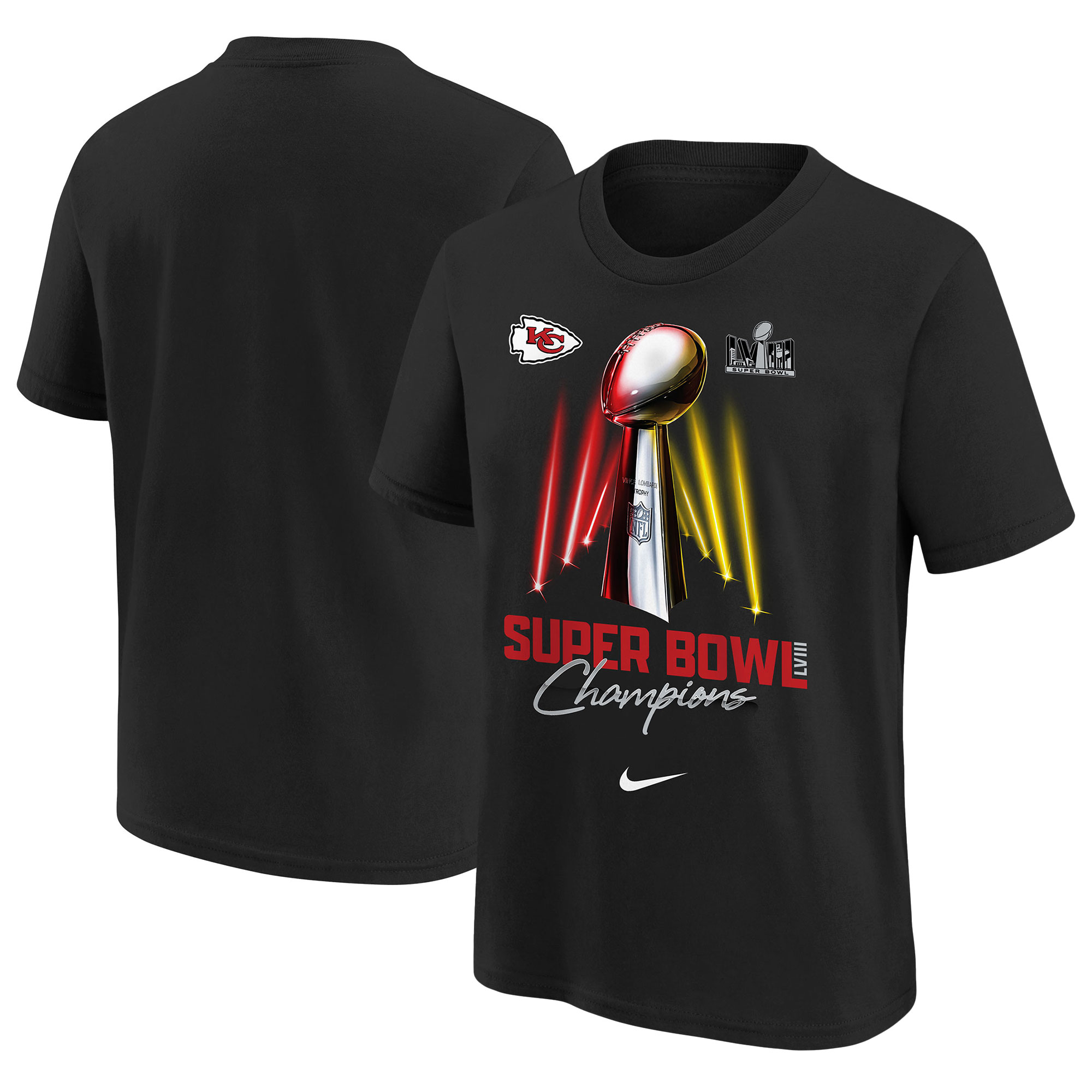 Schwarzes Nike Kansas City Chiefs Super Bowl LVIII Champions Lombardi Trophy T-Shirt für Jugendliche