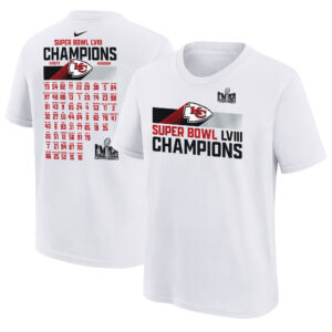 Weißes Nike Kansas City Chiefs Super Bowl LVIII Champions Roster T-Shirt für Jugendliche