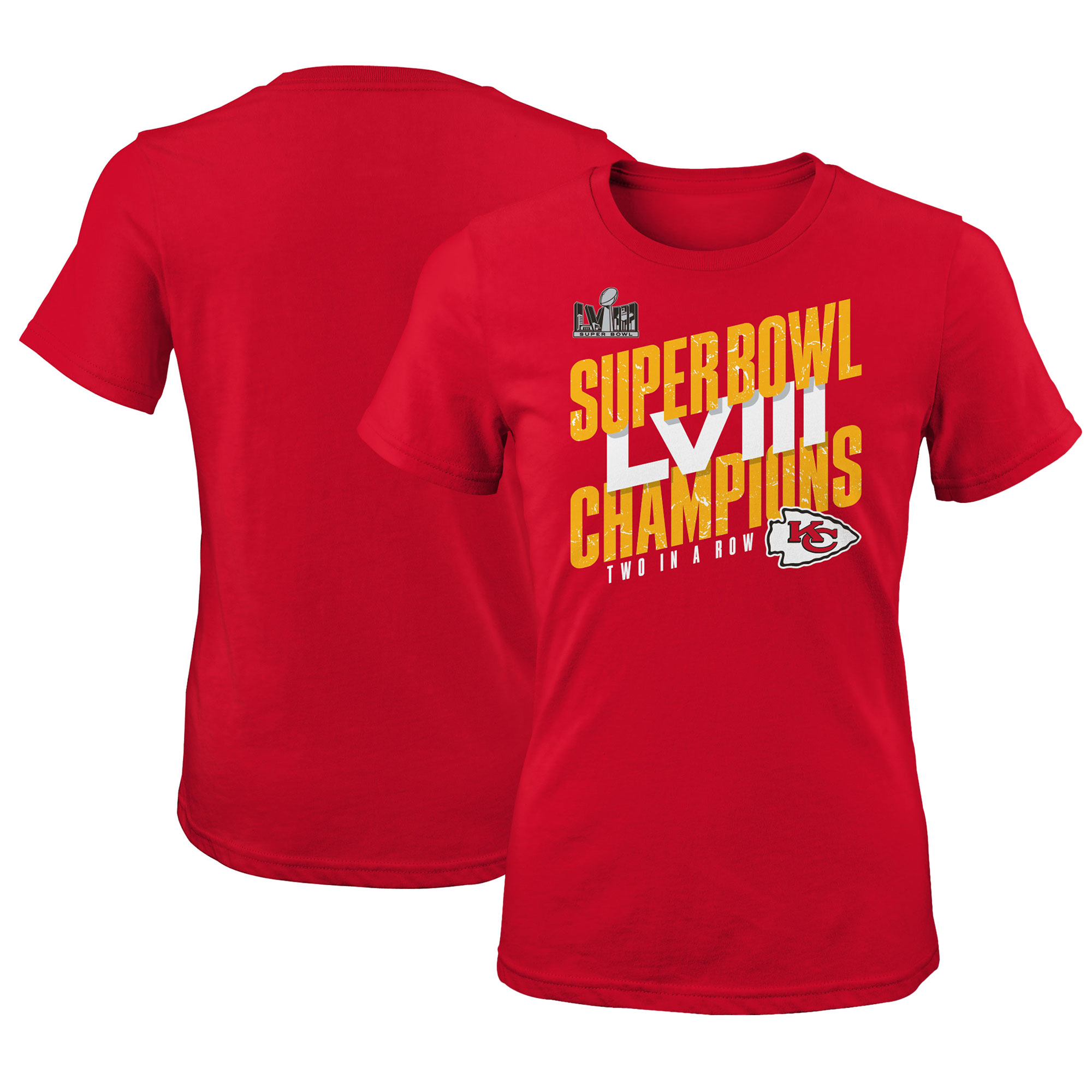 Rotes Kansas City Chiefs-T-Shirt mit ikonischem Siegeszug der Super Bowl LVIII-Champions für Mädchen und Jugendliche