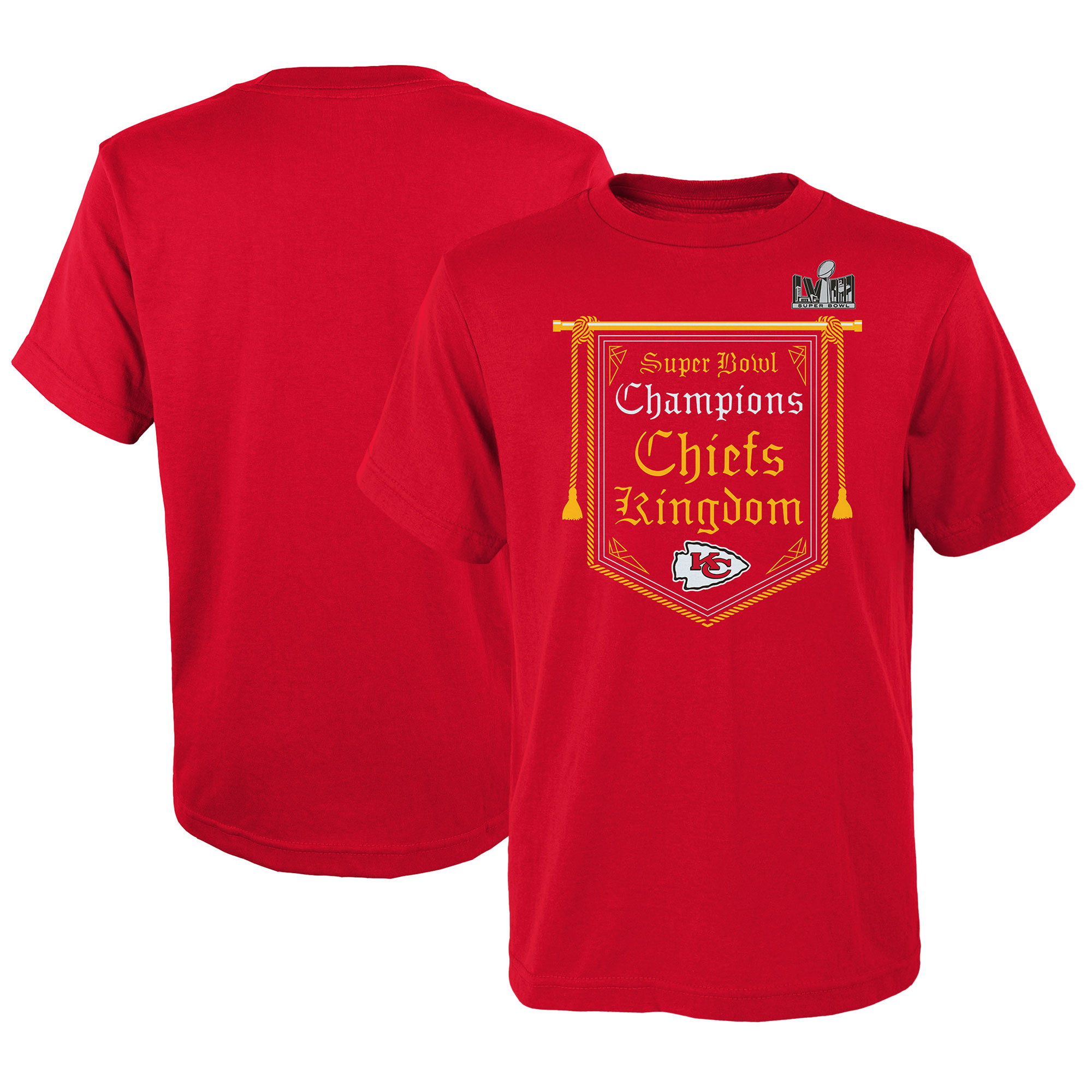 Rotes T-Shirt der Kansas City Chiefs für Jugendliche, Super Bowl LVIII-Champions, Heimatstadt oben