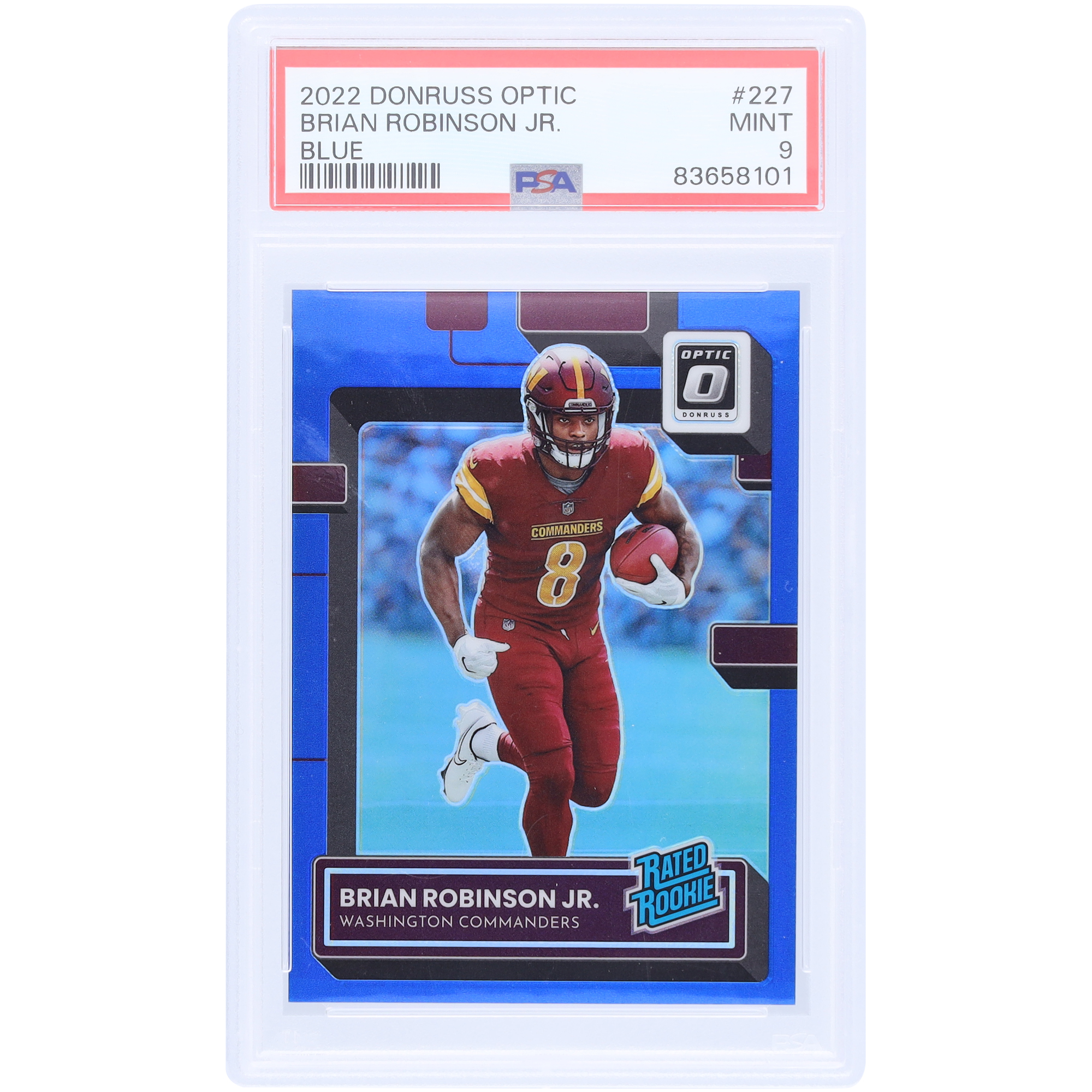 Brian Robinson Jr. Washington Commanders 2022 Panini Donruss Optic Blue Prizm #227 #76/179 PSA authentifizierte 9 Rookie-Karte