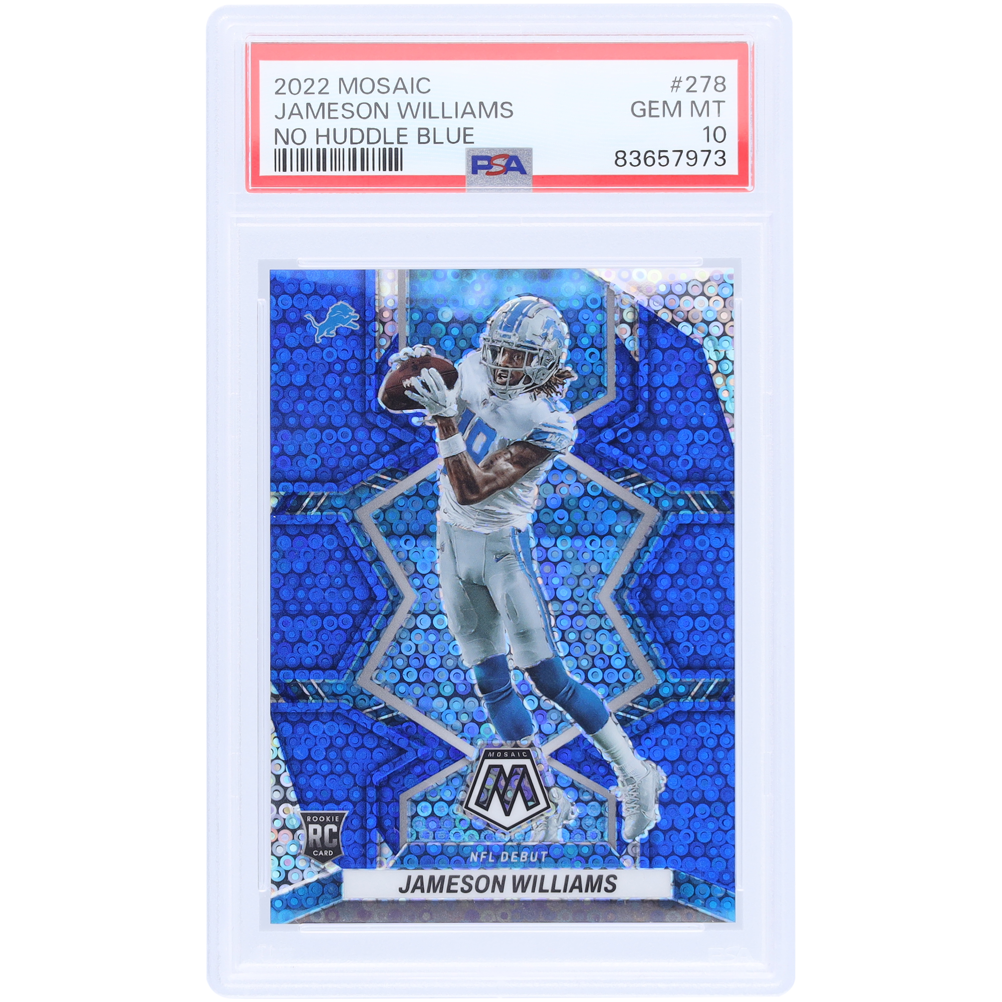 Jameson Williams Detroit Lions 2022 Panini Mosaic No Huddle Blue #278 #57/75 PSA Authentifizierte 10 Rookie-Karte