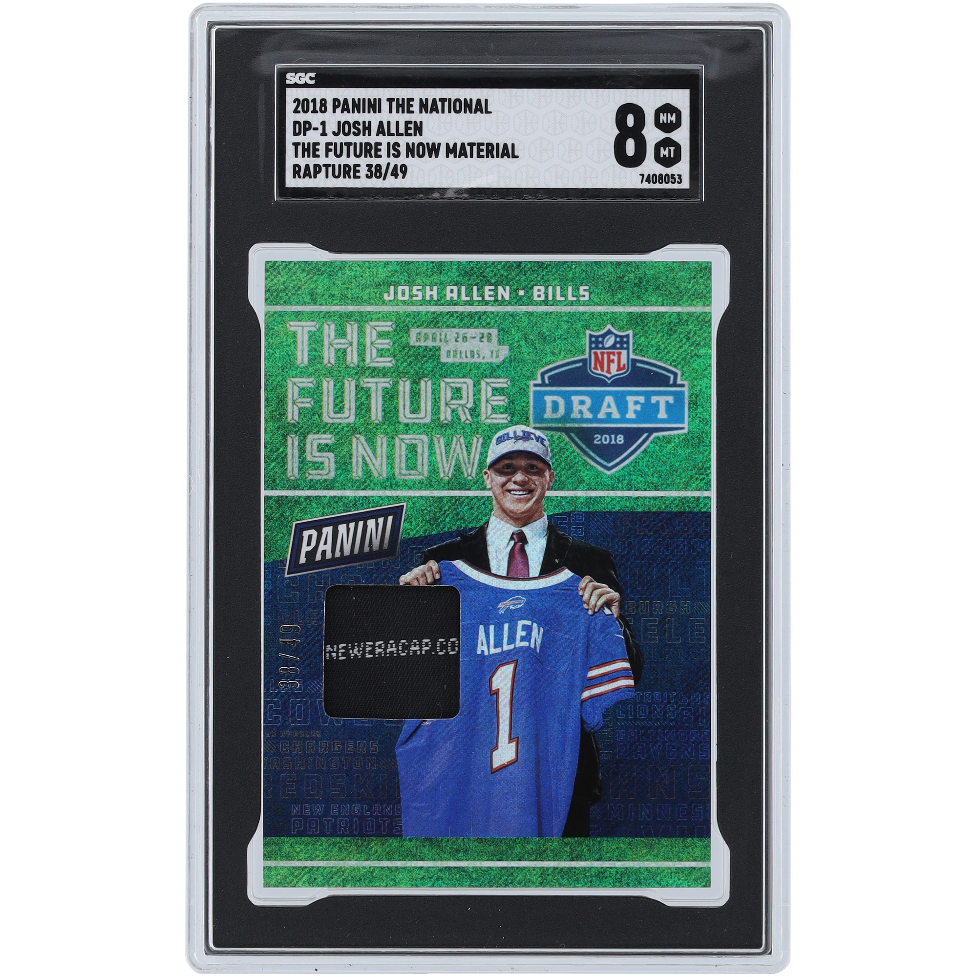 Josh Allen Buffalo Bills 2018 Panini The National Draft gebrauchte Cap Relic #DP-1 #38/49 SGC authentifizierte 8 Rookie-Karte