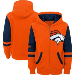 Orangefarbener Denver Broncos Colorblock-Kapuzenpullover mit durchgehendem Reißverschluss für Jugendliche