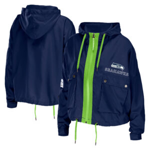 Damenbekleidung von Erin Andrews College Navy Seattle Seahawks Kapuzenjacke mit durchgehendem Reißverschluss